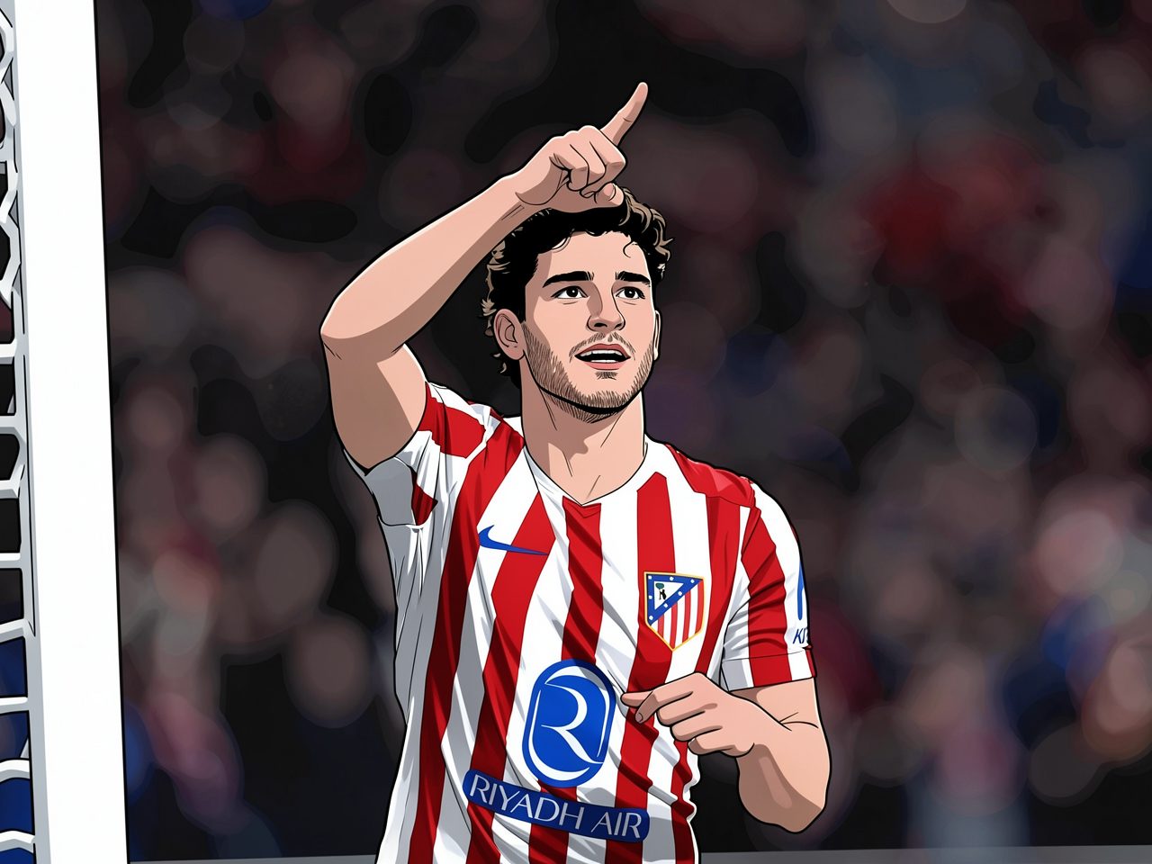 Atletico forward Alvarez in red and white stripes with Riyadh Air logo points upward against a blurred stadium crowd background.