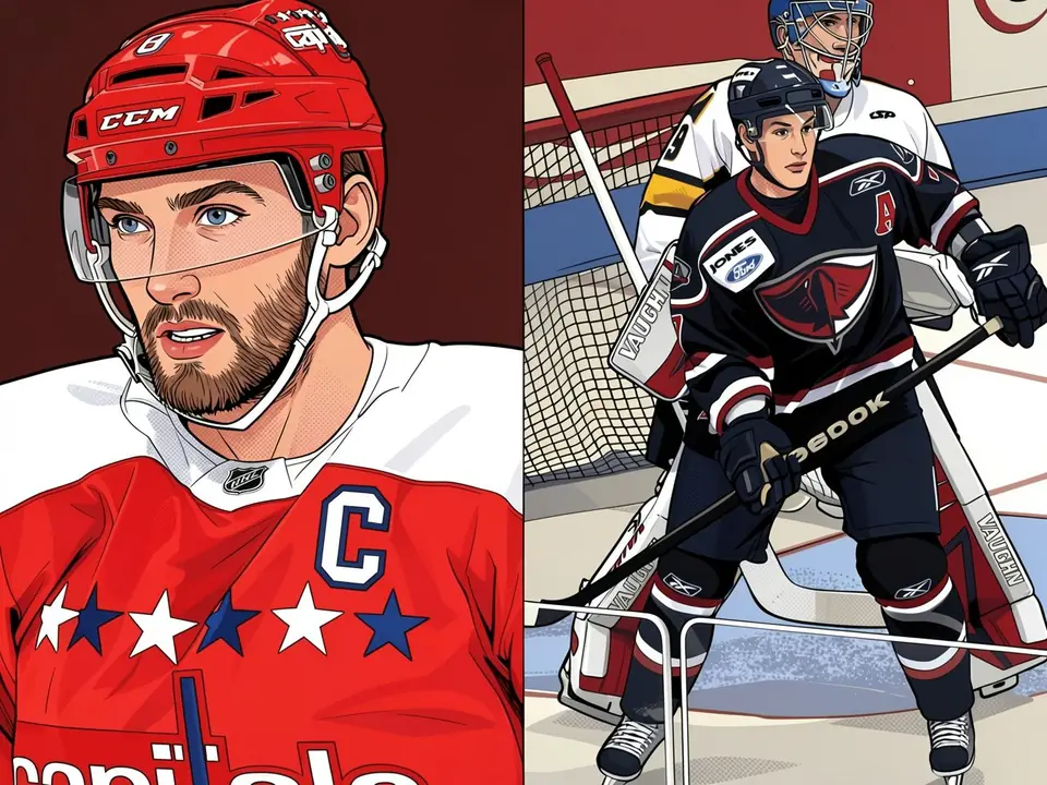 Alexander Ovechkin in rotem Washington Capitals Trikot mit Kapitän-C, Trainer Carbery im weißen Trikot dahinter
