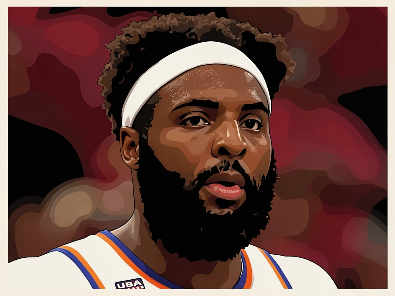 A basketball player in a white jersey and headband looks off to the side.