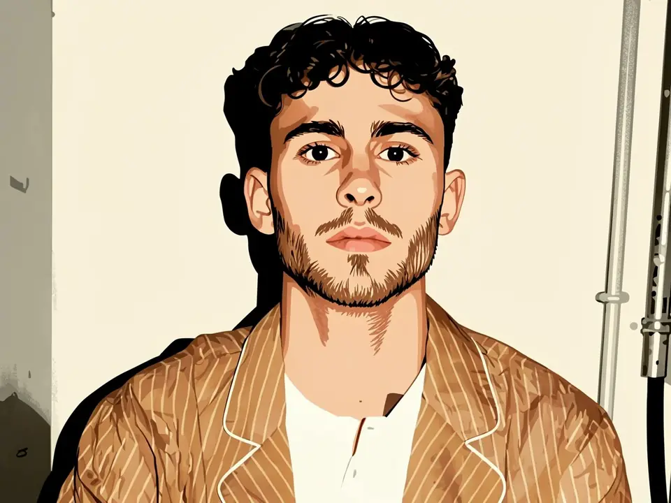 Fermin Lopez in a striped jacket looks straight at the camera, studio lighting