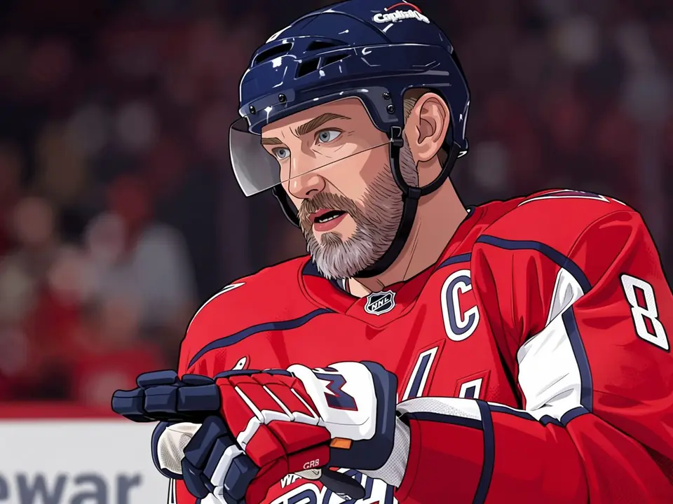 Alexander Owetschkin in rotem Washington Capitals-Trikot mit Kapitän-C und Nummer 8 auf dem Eis