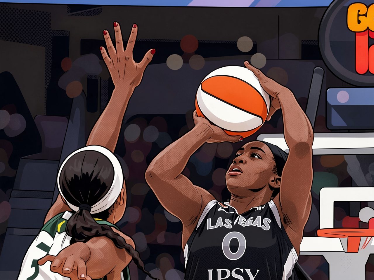 Jackie Young in black Las Vegas jersey shoots while Seattle defender raises her arms