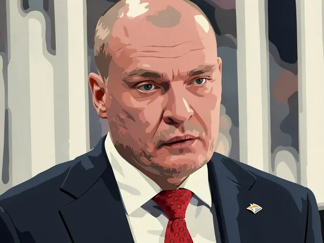 Портрет лысого мужчины в тёмном костюме и красном галстуке с серьёзным выражением лица.