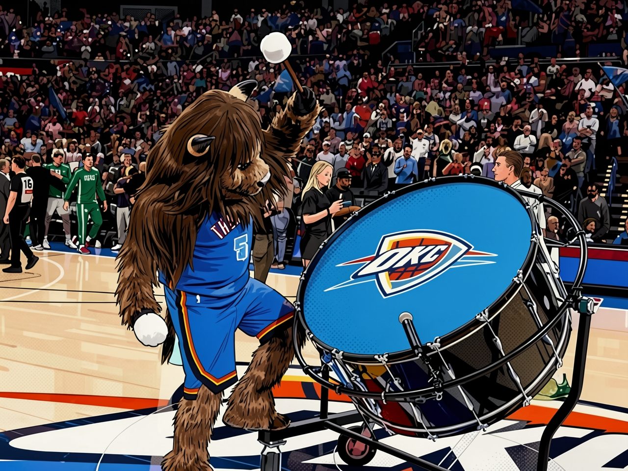 A basketball mascot in blue kit strikes a large drum on the court