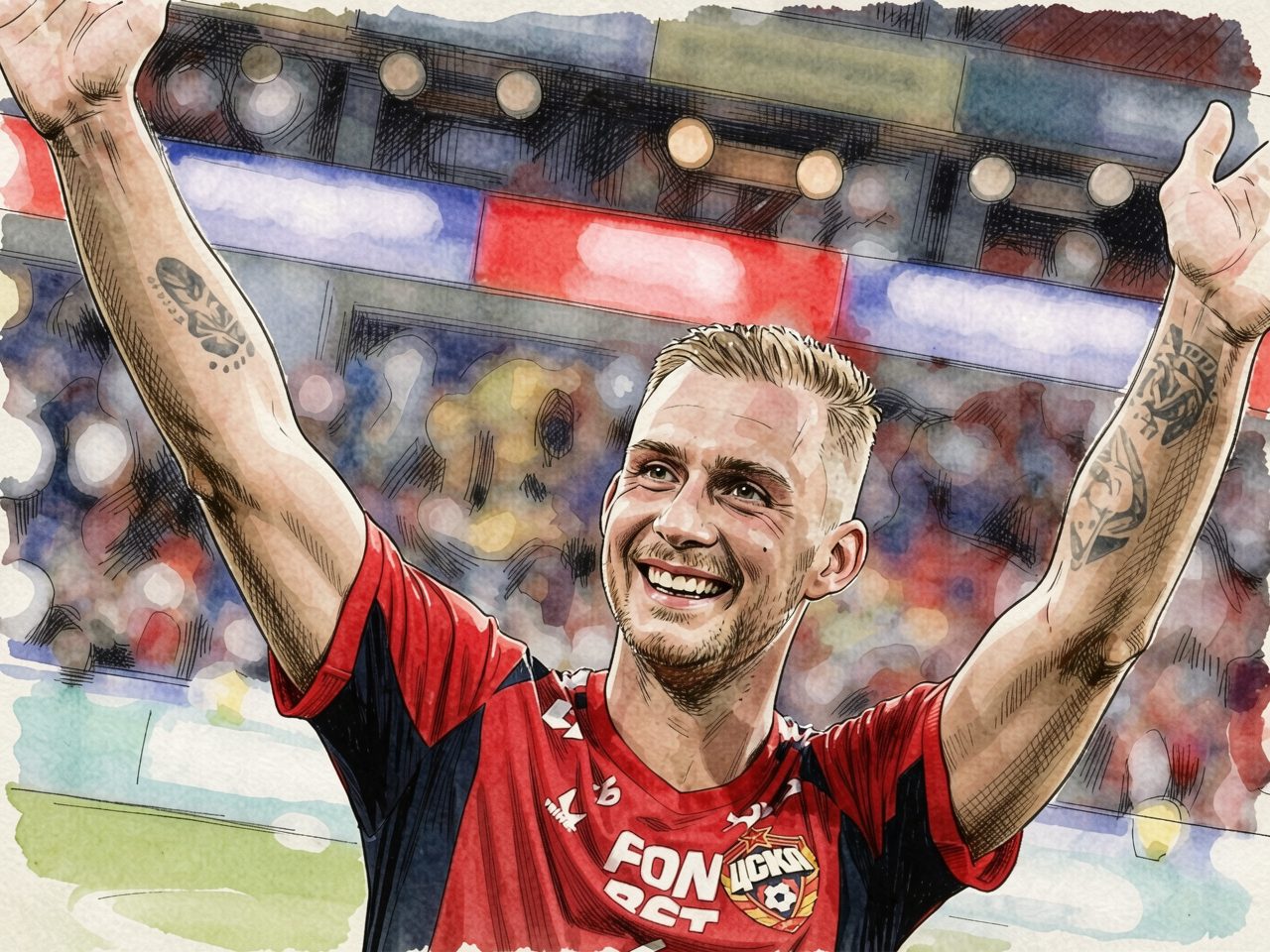 A football player in a red and blue kit raises his arms in celebration on the pitch