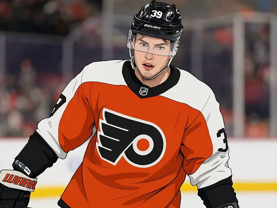 Matwei Michkow in orangem Philadelphia-Trikot mit Nummer 39 auf dem Eis