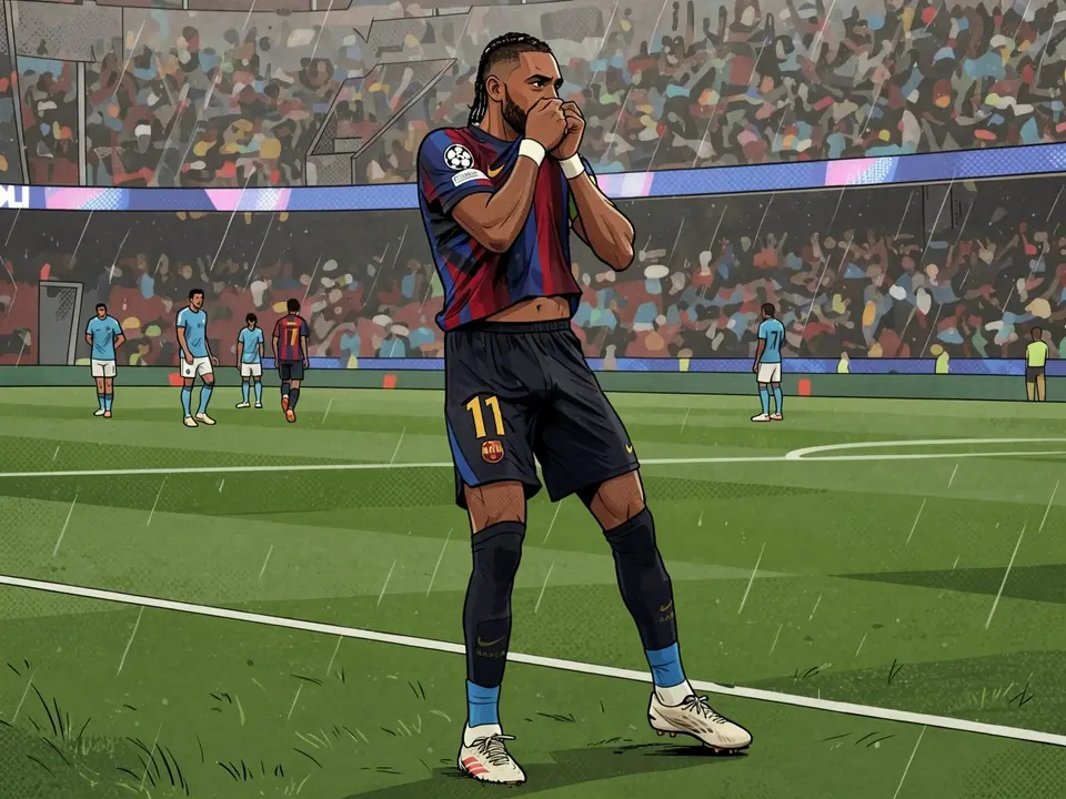 Raphinha in FC Barcelona Trikot feiert im Regen