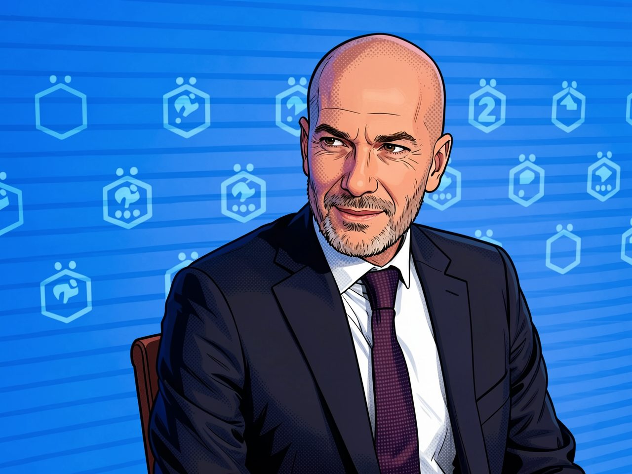 Portrait of a bald man in a dark suit and tie against a blue backdrop with logos.