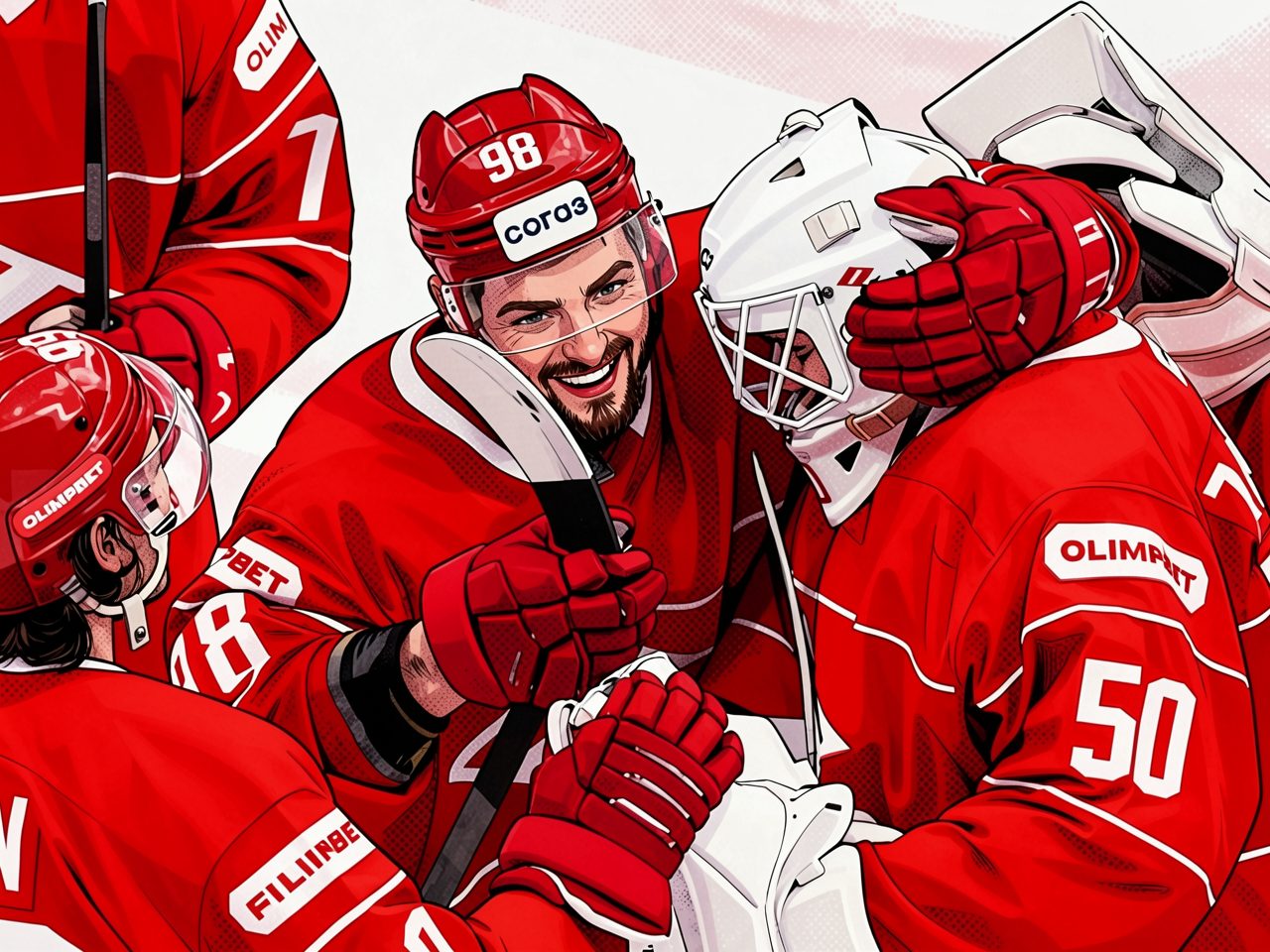 Hockey players in red kits celebrate a victory on the ice