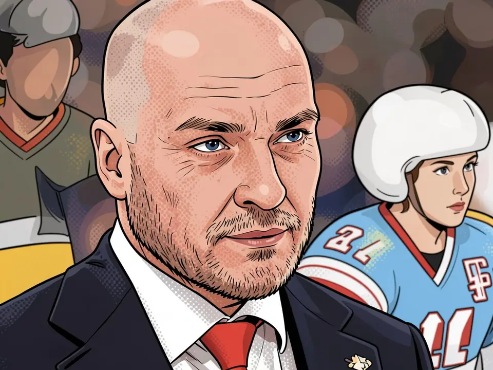 Trainer Andrey Razin von Metallurg im Anzug mit Hockey-Spielern im Hintergrund. Links ein Spieler in Grau, rechts eine Spielerin in Blau mit der Nummer 21.