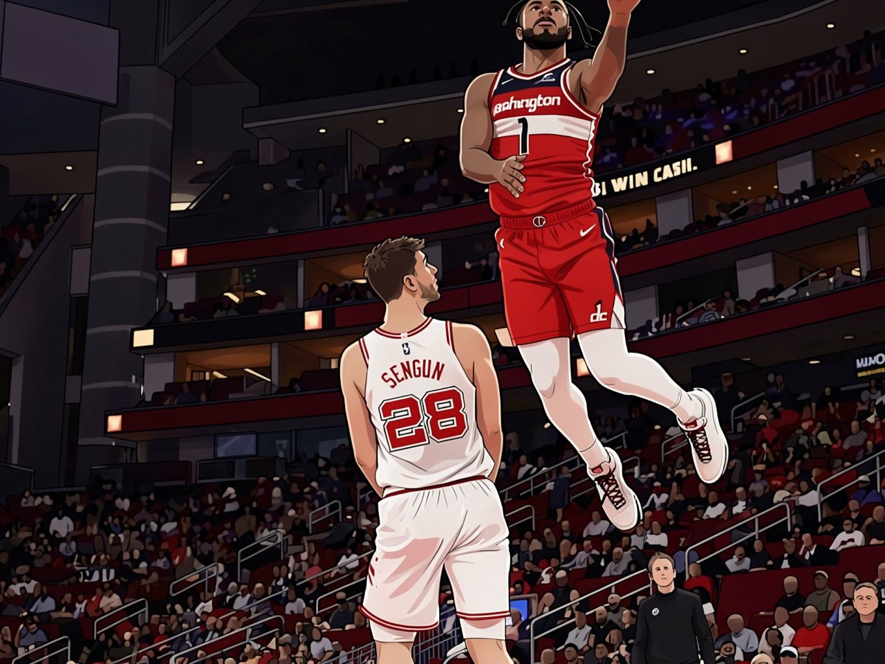Two basketball players on the court: one in a red jersey jumps, the other in a white jersey looks up.