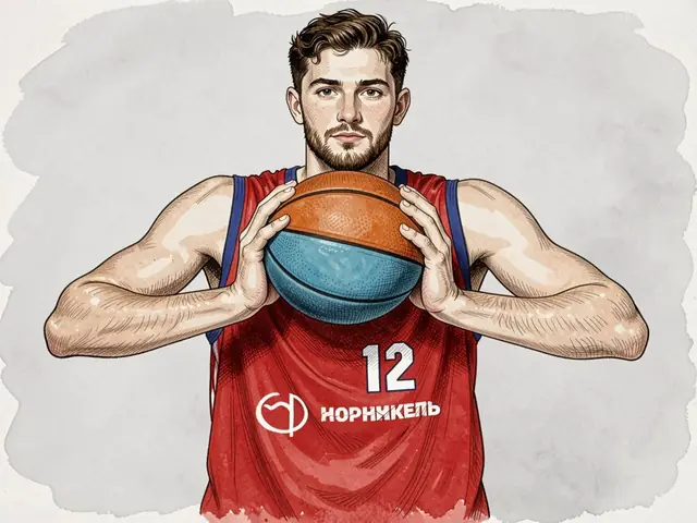 Баскетболист в красной форме с мячом в руках на студийном фоне