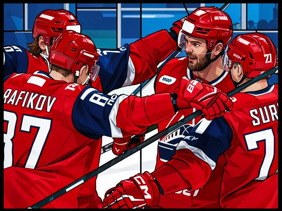 Eishockeyspieler in roten Lokomotiv-Trikots feiern ein Tor. Man sieht die Rücken von Rafikov (87) und Surov (7) sowie das Gesicht von J. Radulov.