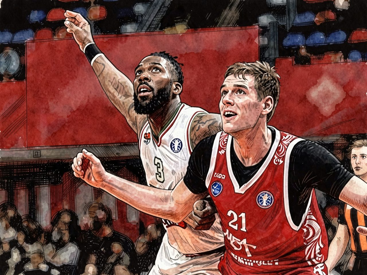 Sergey Balashov in weißer MBA-Trikot und Pavel Savkov in rotem MBA-Trikot bei einem VTB-Liga-Spiel