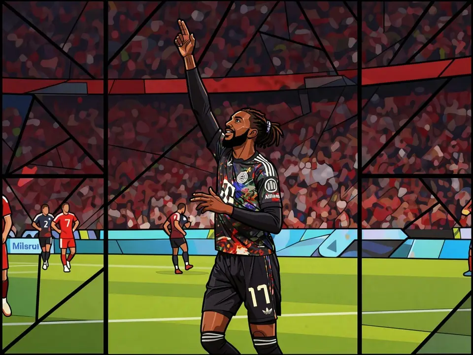 Harry Kane in Bayern Munich kit celebrates a goal, showing two fingers with crowd behind