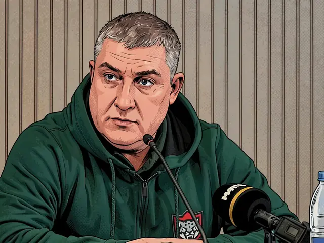 Тренер в зелёной толстовке с эмблемой «Сочи» сидит за столом с микрофонами во время пресс-конференции