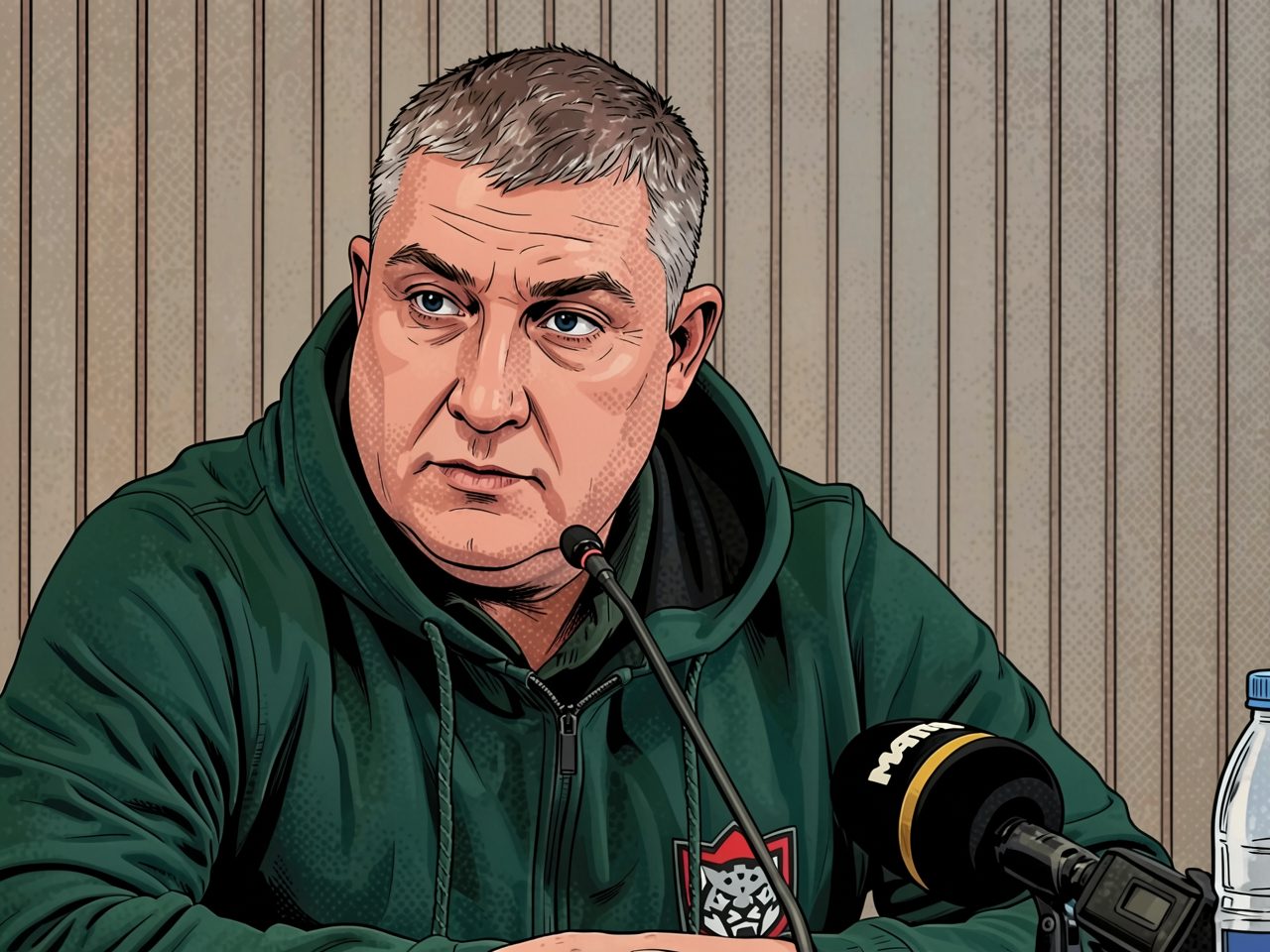 A man in a green hoodie sits at a table with microphones during a press conference.