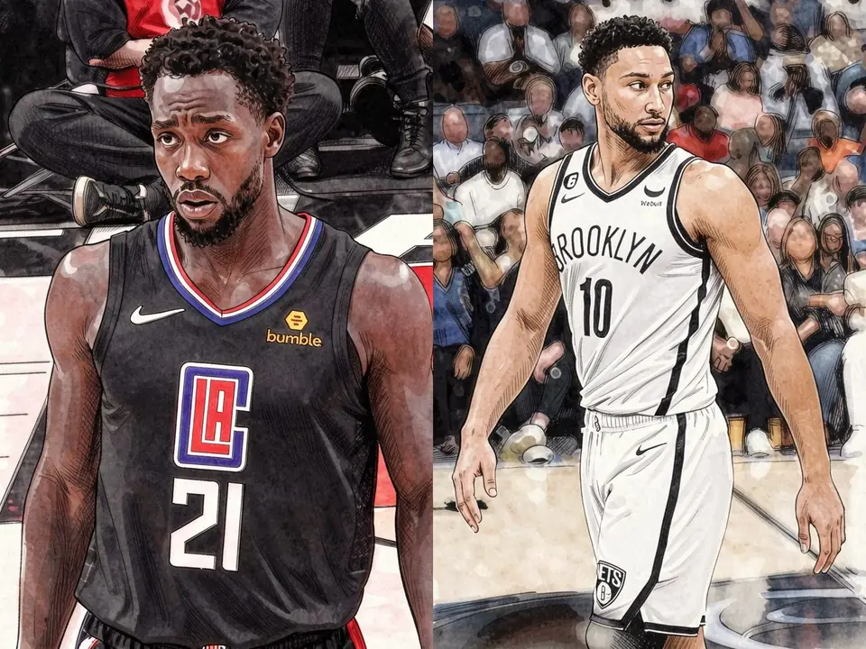 Patrick Beverley in schwarzem Clippers-Trikot und Ben Simmons in weißem Brooklyn-Trikot auf dem Platz