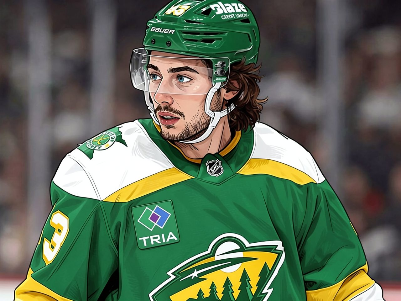 Quinn Hughes in green Minnesota jersey with number 43 on ice