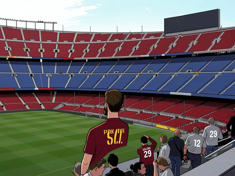 Julio Iglesias in einem roten Shirt mit der Aufschrift «PARK LIVE» steht mit dem Rücken zum Betrachter auf den Tribünen des Camp Nou-Stadions und blickt auf das grüne Spielfeld. Um ihn herum andere Fa