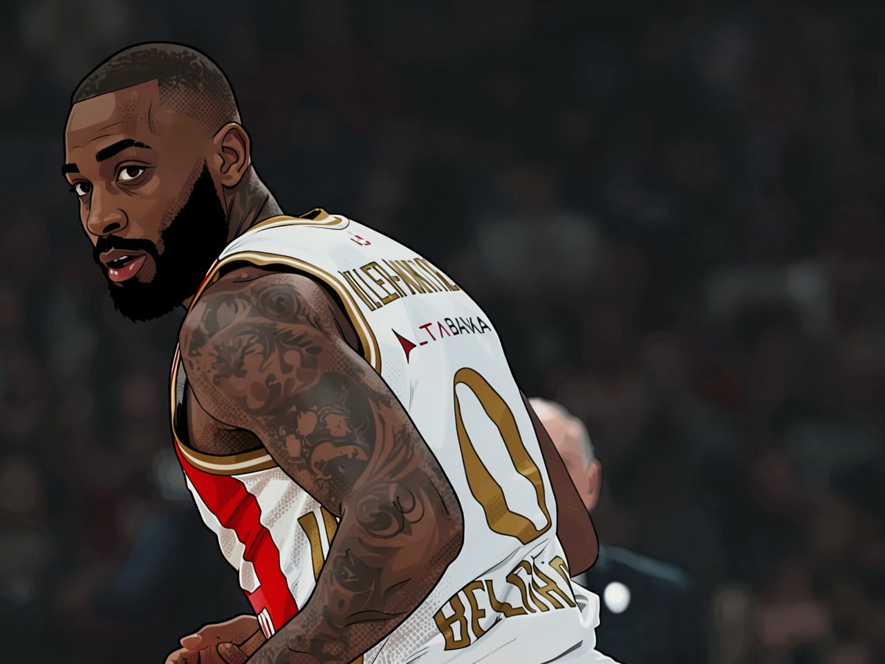 A basketball player in a white jersey with red and gold trim looks back over his shoulder during a game.