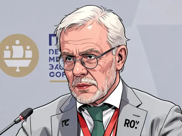 Портрет пожилого мужчины в очках и сером костюме за столом с микрофоном.