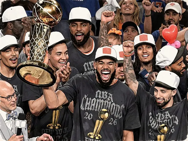 Игроки «Нью-Йорк Никс» празднуют чемпионство NBA 2026 года с трофеем Ларри О'Брайена
