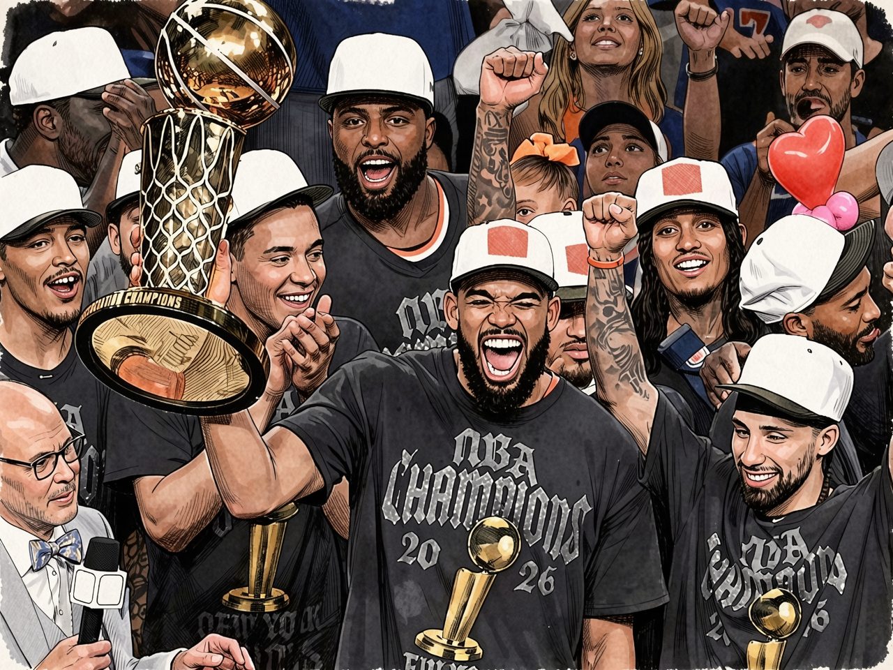 A basketball team celebrates a victory, one player holds a trophy.