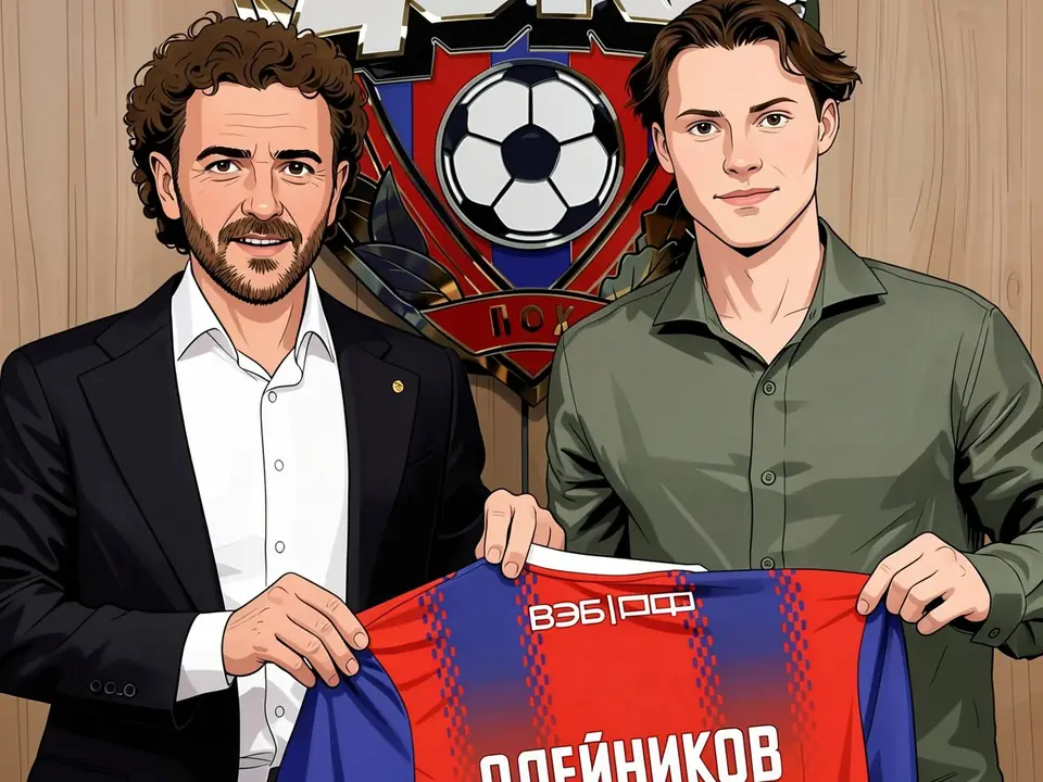 Khodja und Oleynikov halten ein CSKA-Trikot mit seinem Namen vor dem Wappen