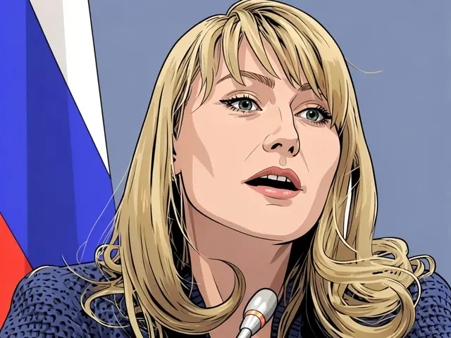 Женщина с блондинистыми волосами в синем свитере говорит в микрофон на фоне российского флага.