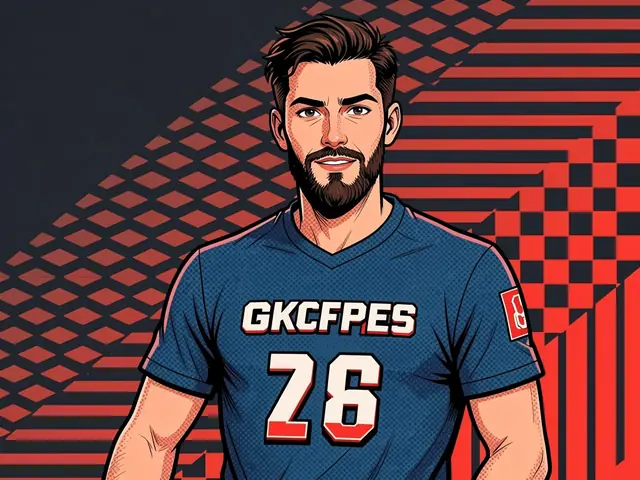 Мужчина в синей спортивной форме с надписью GKCFPES и номером 28 на фоне красно-чёрного геометрического узора