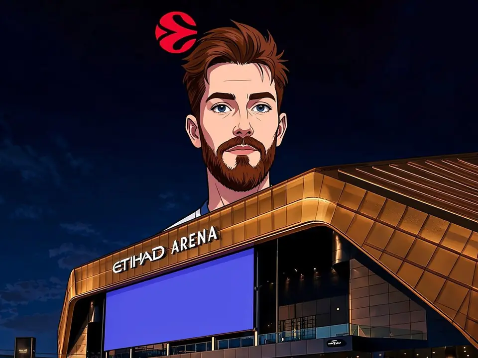 Иллюстрация стадиона Etihad Arena в Абу-Даби с портретом баскетболиста и логотипом Евролиги