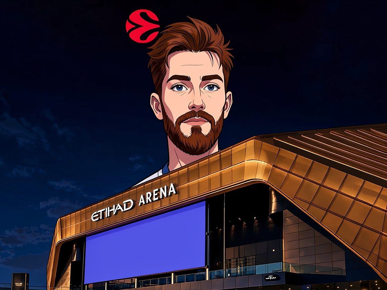 Иллюстрация стадиона Etihad Arena в Абу-Даби с портретом баскетболиста и логотипом Евролиги