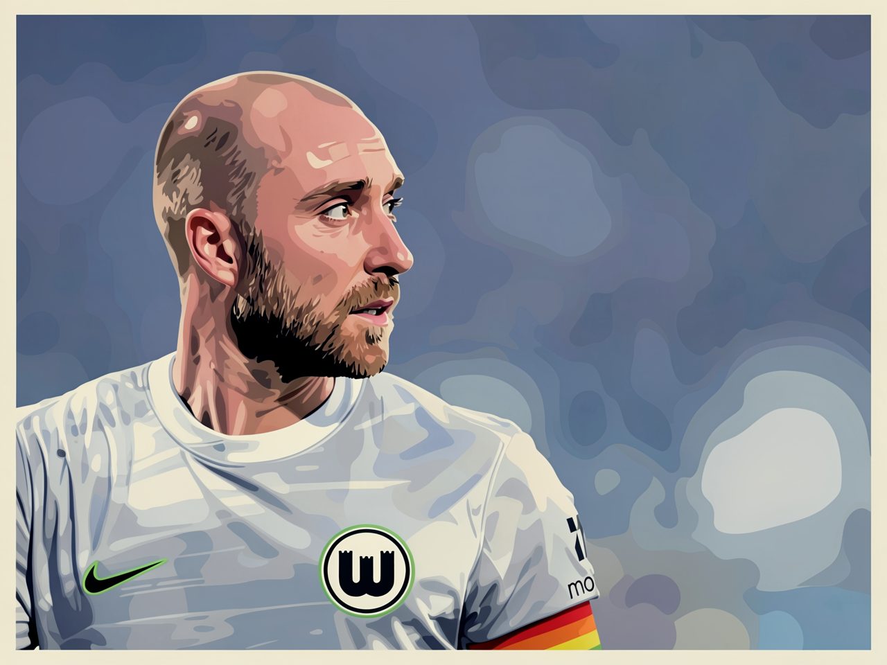 Wolfsburg-Trainer Strobl in weißem Trikot mit Vereinslogo und deutscher Flagge am Ärmel