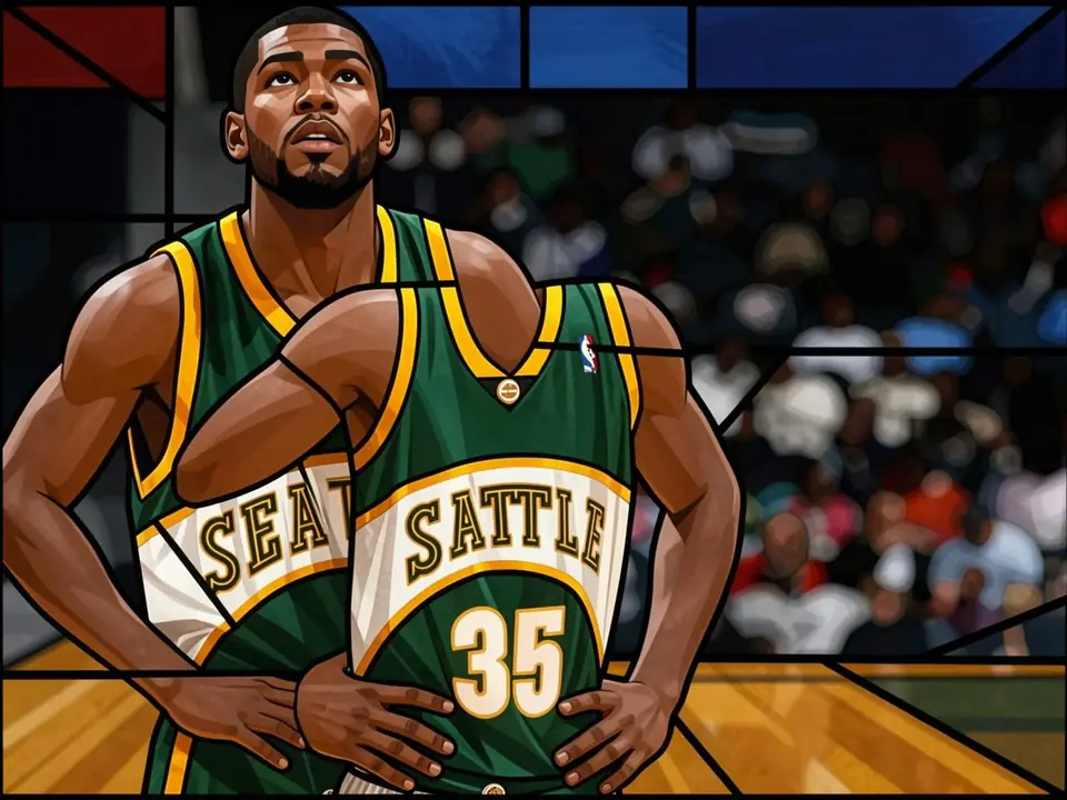 Gary Payton in grünem Seattle SuperSoniks-Trikot mit Nummer 35 vor Tribüne