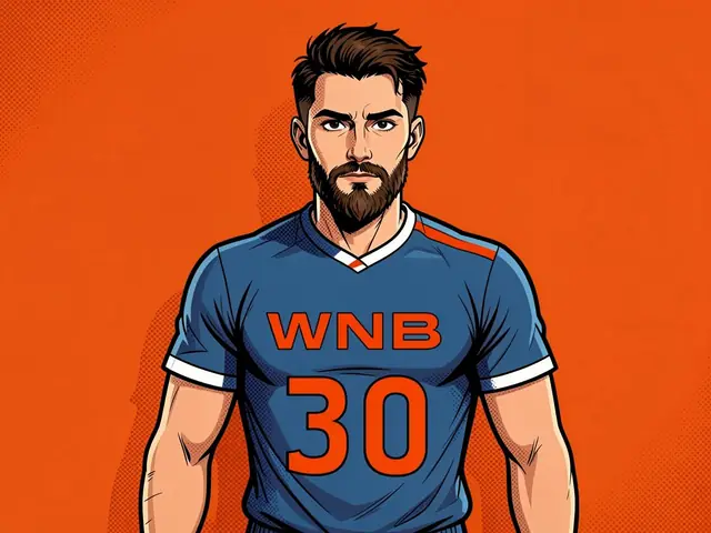 Иллюстрация баскетболиста в синей форме с оранжевыми буквами WNB и номером 30 на оранжевом фоне