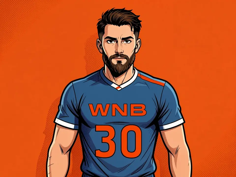 Illustration eines Basketballspielers in blauem Trikot mit orangefarbenen WNB-Buchstaben und Nummer 30 auf orangem Hintergrund