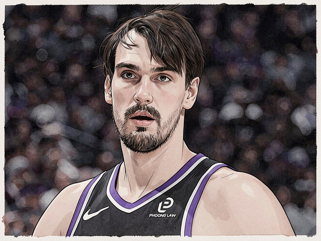 A basketball player in a black and purple jersey looking on during a game.