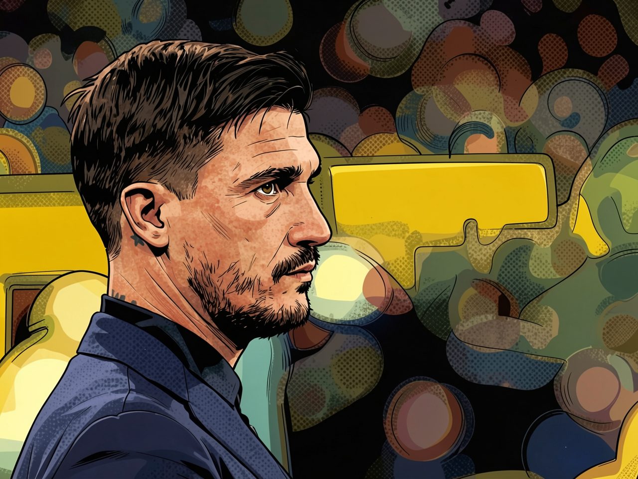 Portrait of a man in profile wearing a blue shirt against a stadium background