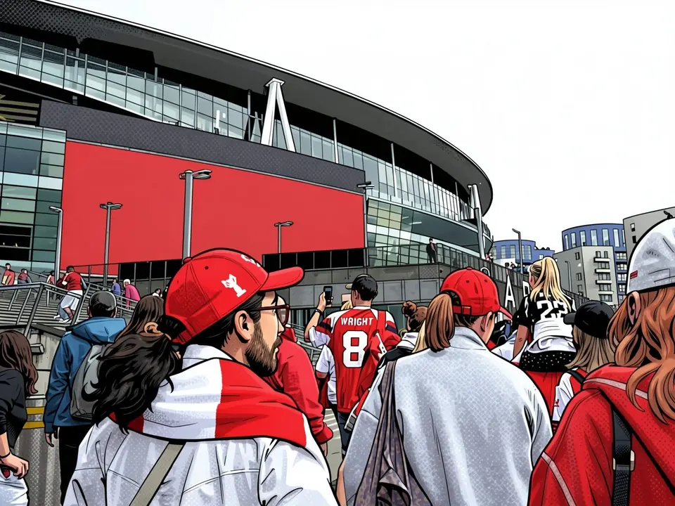 Fans in roten Kappen mit Liverpool-Logo stehen vor einem Stadion. Einer trägt ein rotes Trikot mit WRIGHT und Nummer 8. Stadion mit rotem Panel.