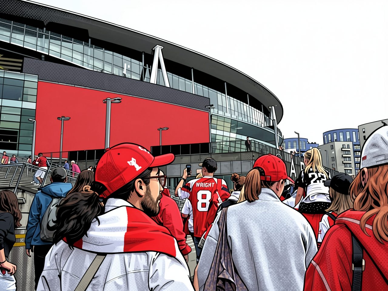 Fans in red caps approach the stadium with the Emirates Stadium sign.