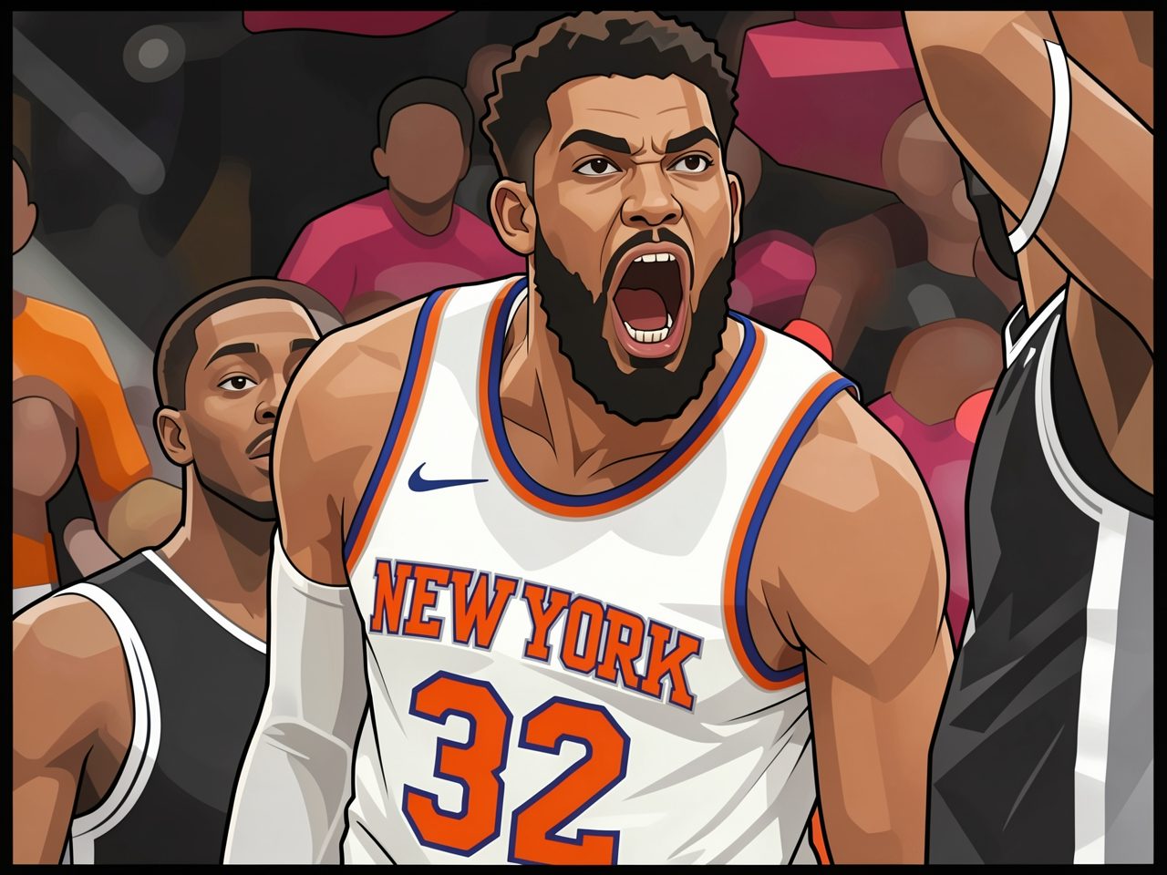 Karl-Anthony Towns im New York Knicks Trikot mit Nummer 32, schreit auf dem Platz