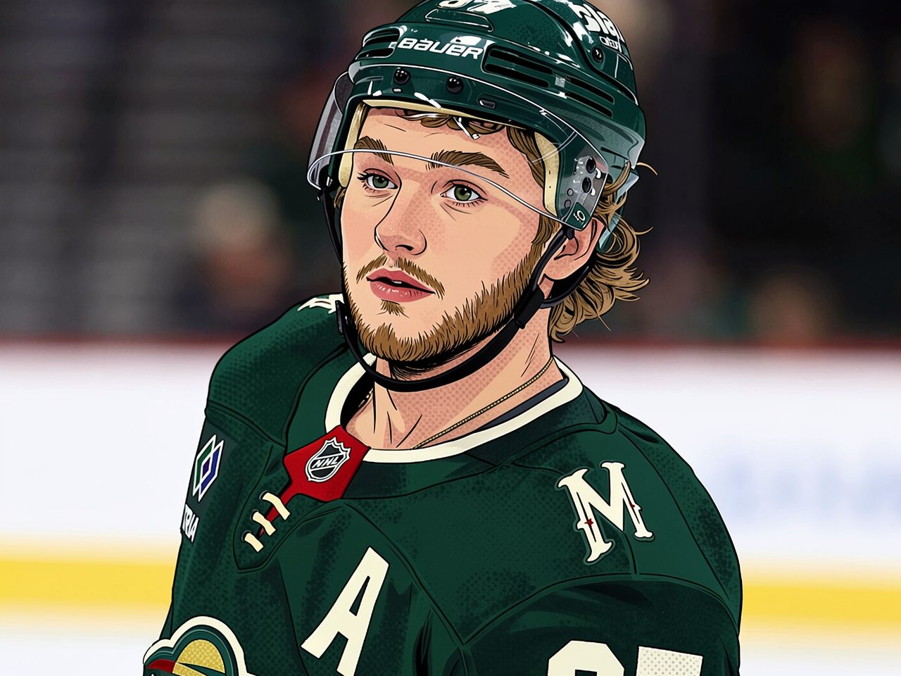 Nahaufnahme eines Eishockeyspielers in grünem Trikot und Helm, der zur Seite blickt.