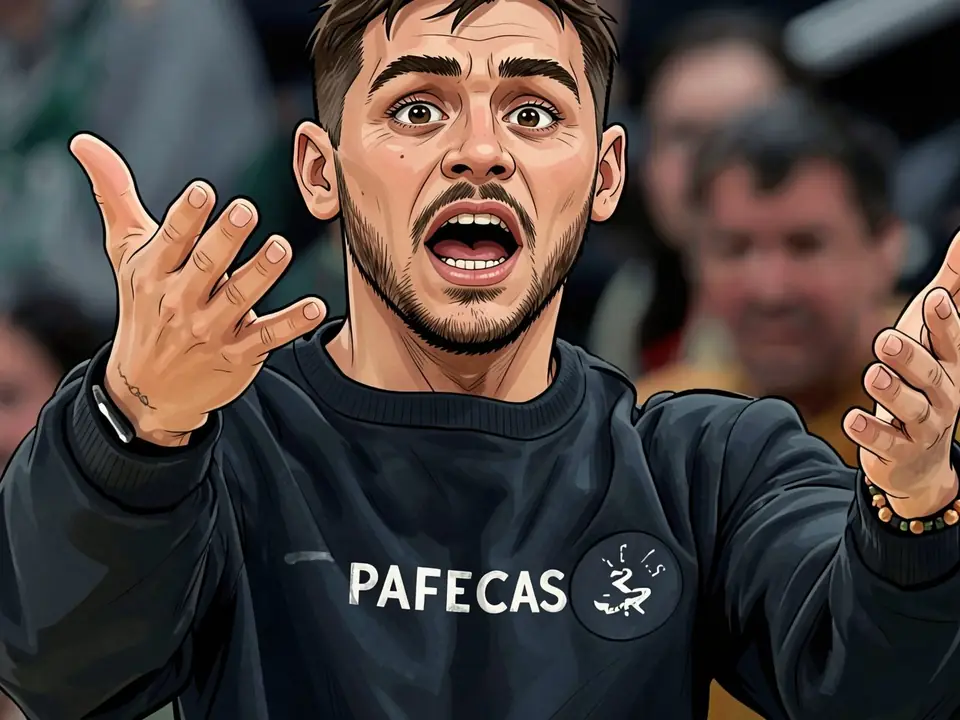 Mann in dunklem Sweatshirt mit PAFECAS-Aufschrift und Logo, gestikuliert mit Händen
