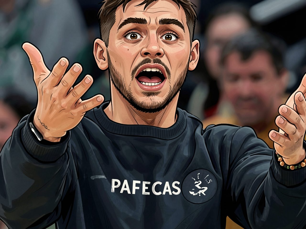 Mann in dunklem Sweatshirt mit PAFECAS-Aufschrift und Logo, gestikuliert mit Händen
