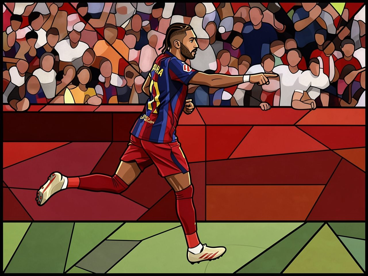 A football player in a blue and red kit runs across the pitch pointing forward with a crowd in the background.