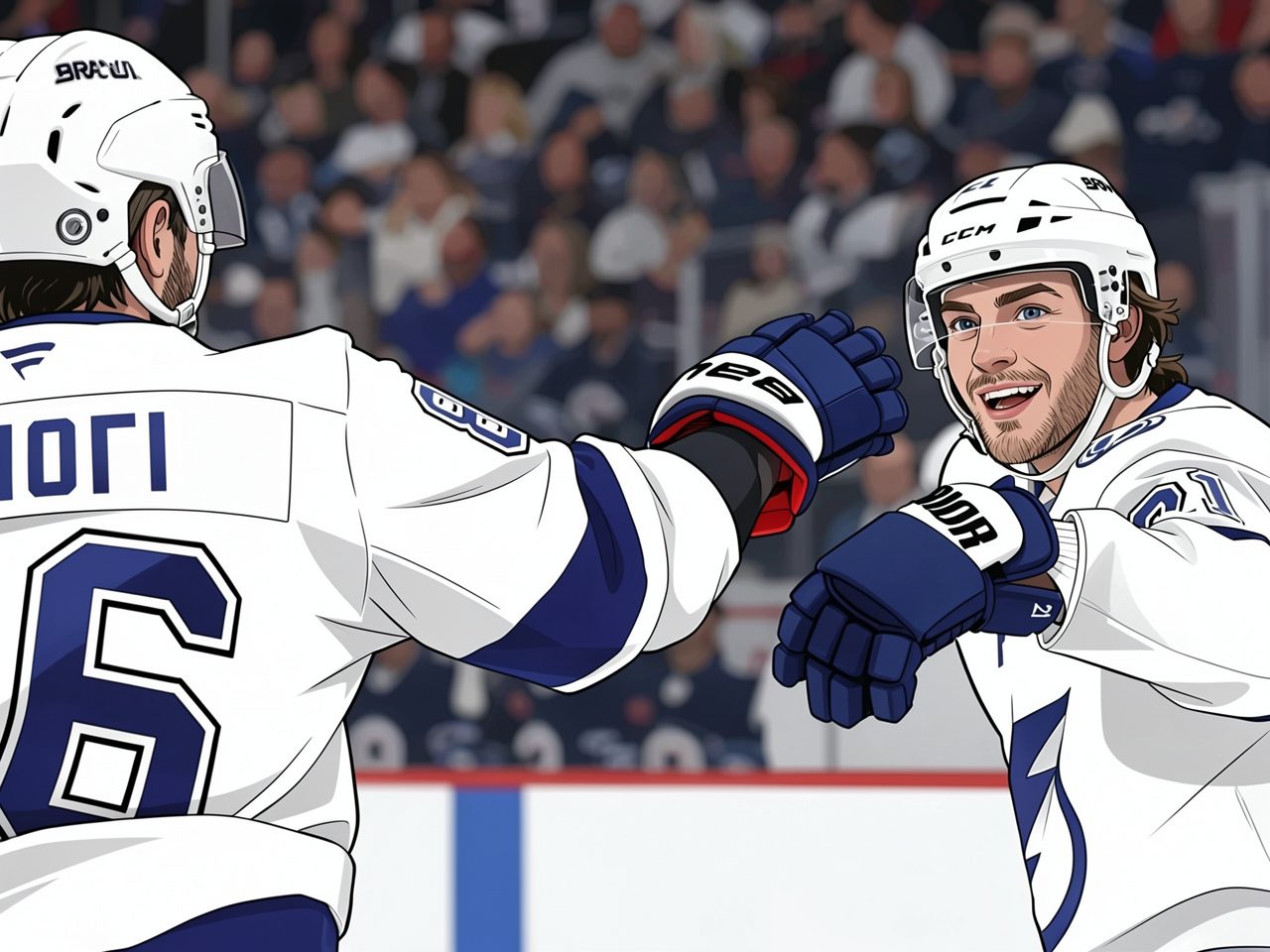 Brayden Point and Nikita Kucherov in Tampa Bay white jerseys high-five on ice