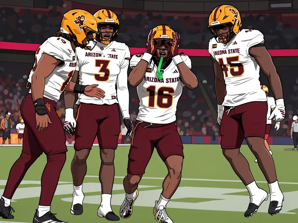 Sun Devils players in white jerseys and maroon shorts celebrate victory at Wembley