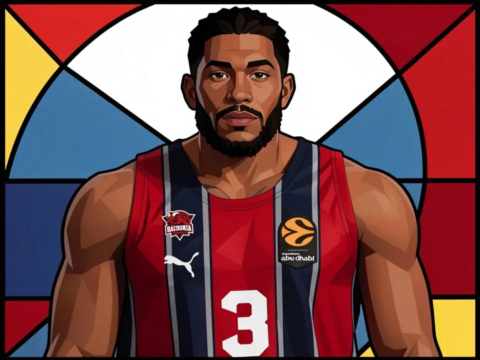 Маркиз Науэлл в красной форме «Басконии» с номером 3, логотипом клуба и EuroLeague Abu Dhabi