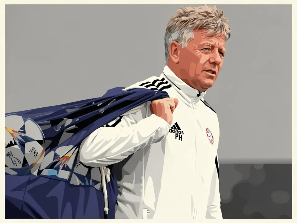 Тренер Петер Херманн в белой тренировочной форме с логотипом Adidas и эмблемой клуба, несёт синий мешок с мячом Лиги чемпионов.